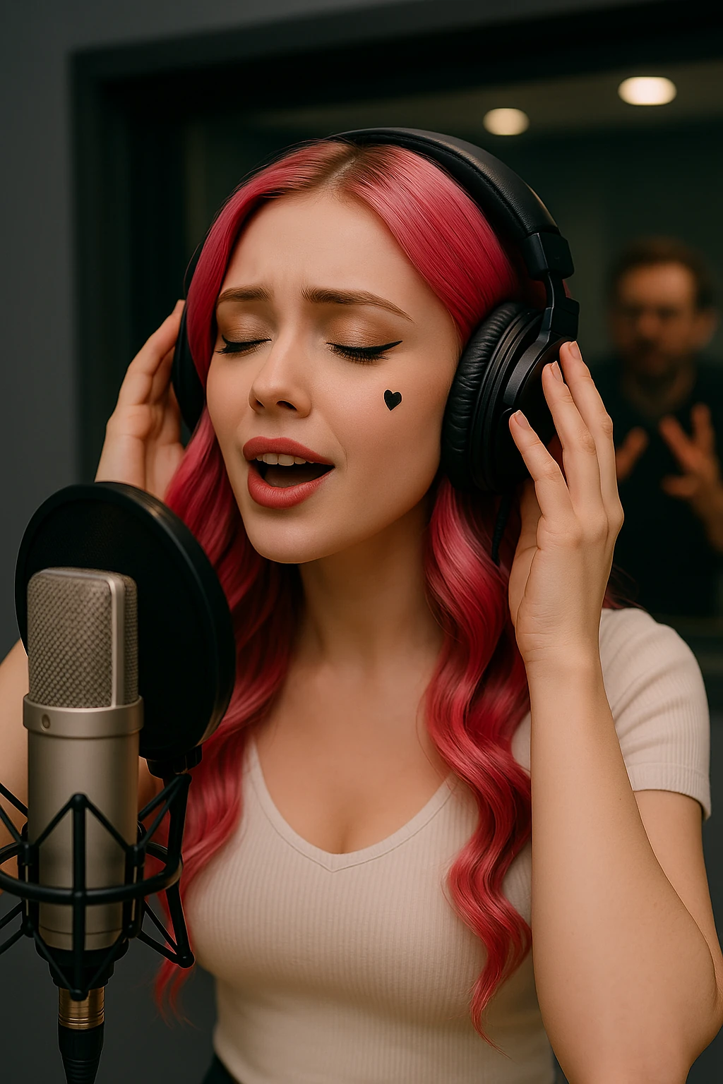Roselune Everly performing at a studio microphone during the debut album era.
