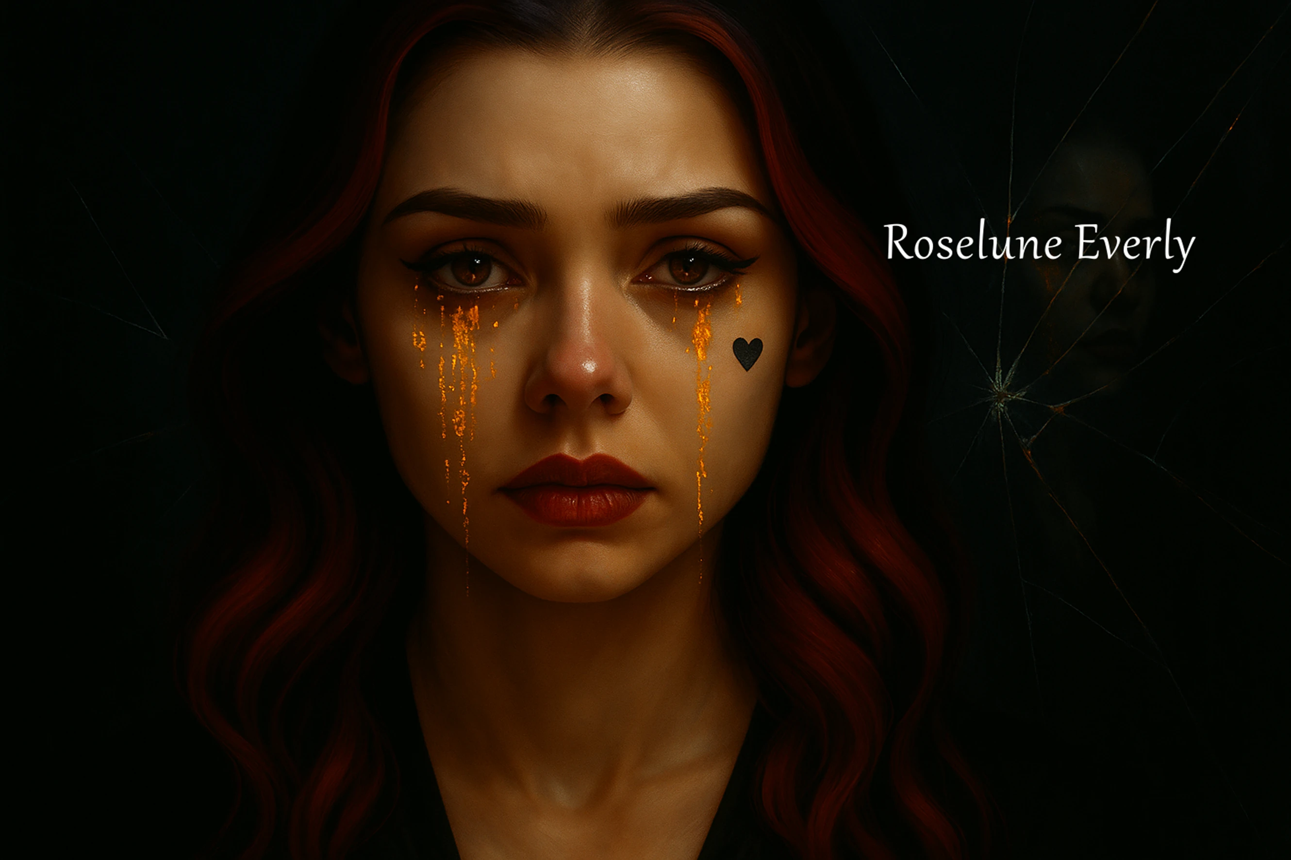 Roselune Everly with golden tears in fractured digital artwork.