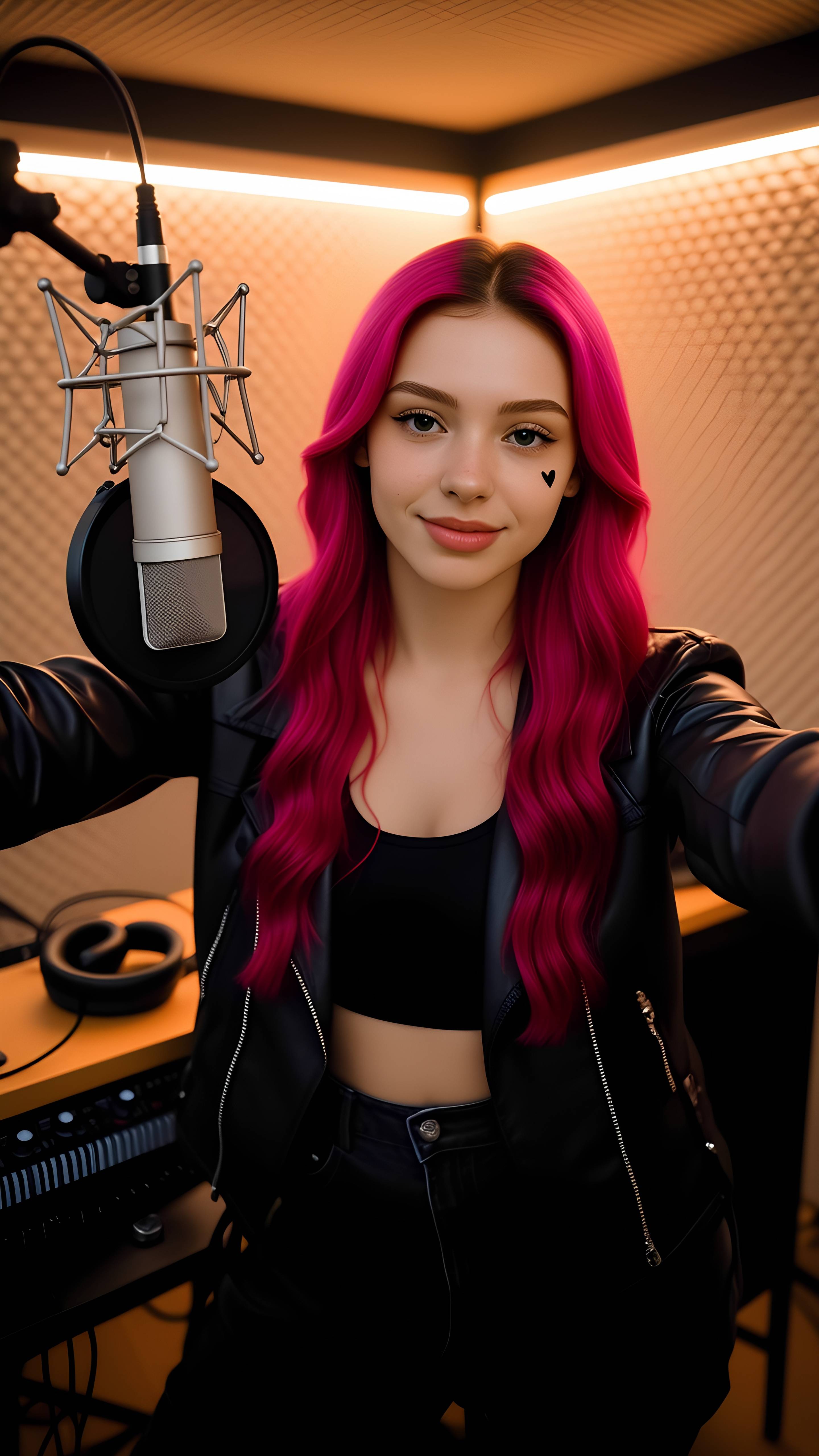 Roselune Everly singing passionately in the studio with headphones and microphone