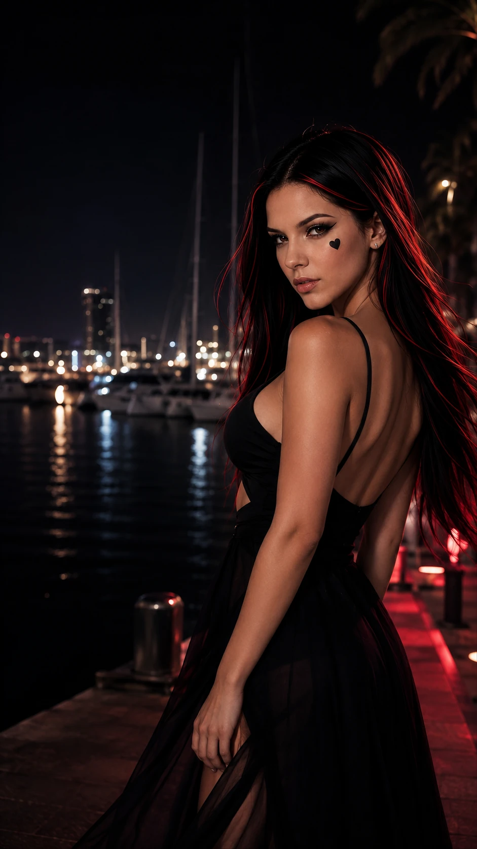 Roselune Everly beside a night marina in a black dress, with restrained crimson light tracing her dark hair.