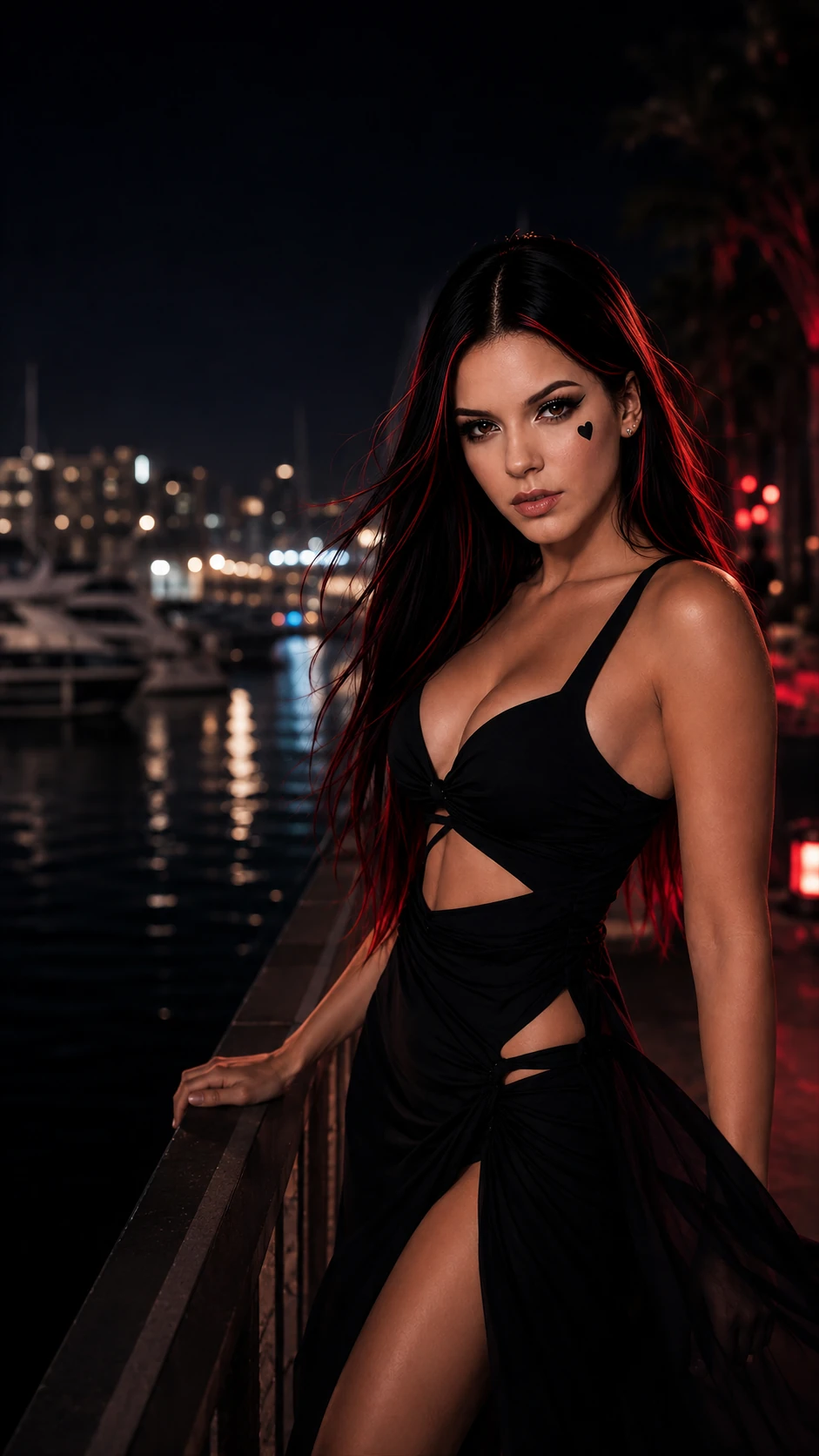 Roselune Everly facing the camera on a dark waterfront promenade, framed by black, red and soft city reflections.