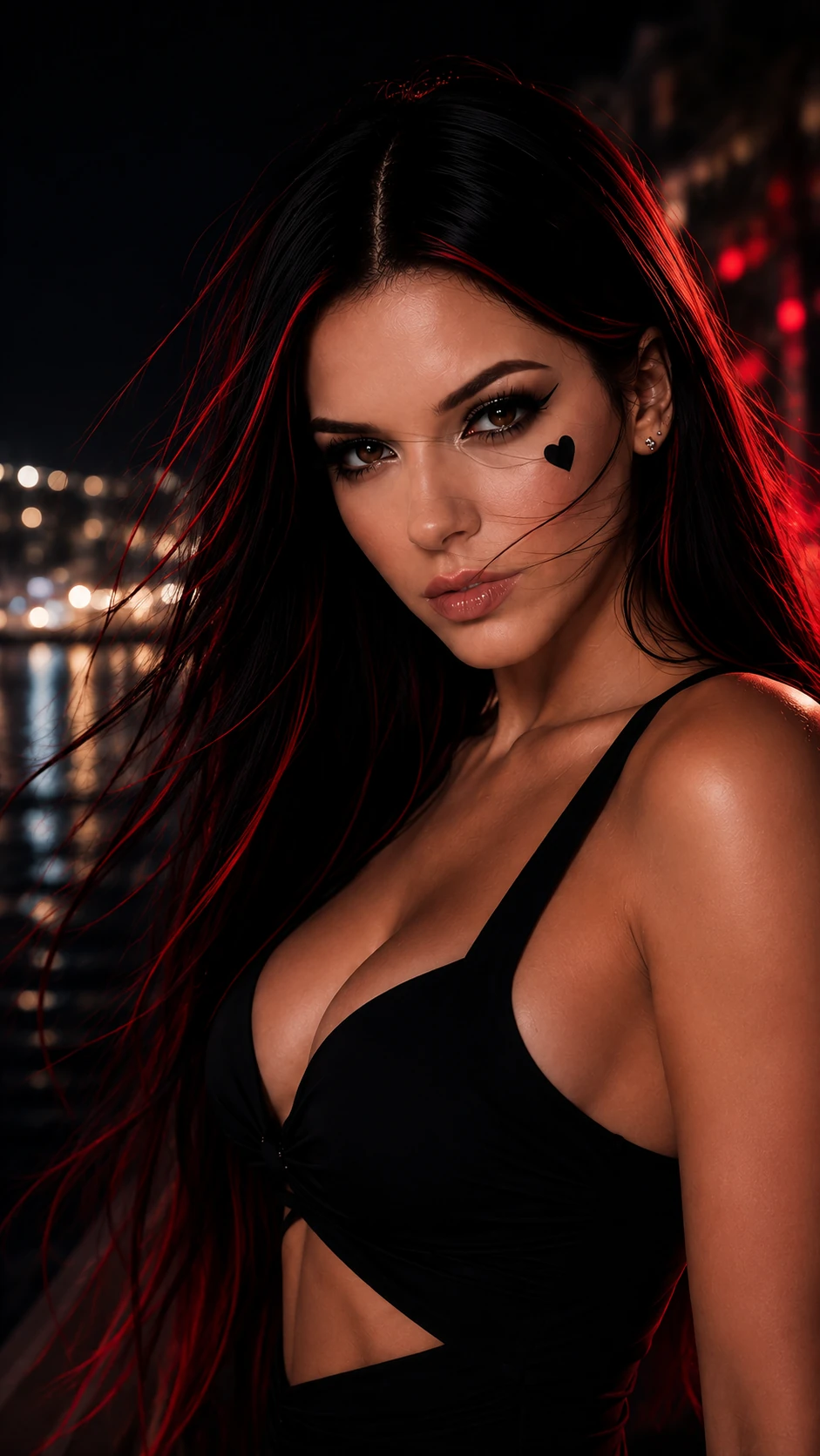Close night portrait of Roselune Everly with black hair, crimson highlights and a black heart detail beneath her eye.