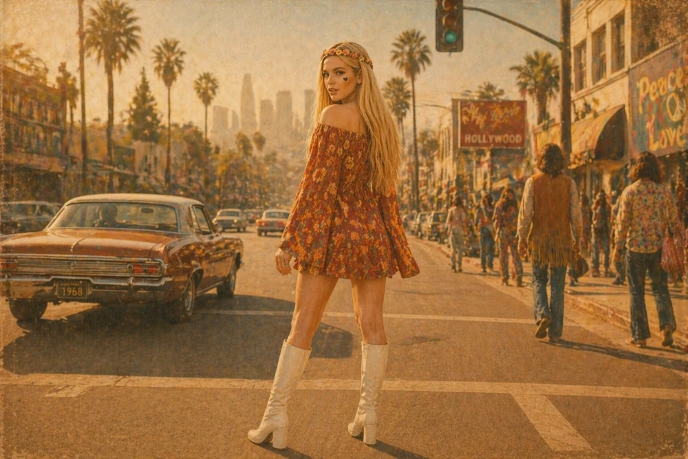 Roselune Everly in a retro pop visual world for Exo Trela Me Sena with 60s and 70s nostalgia.