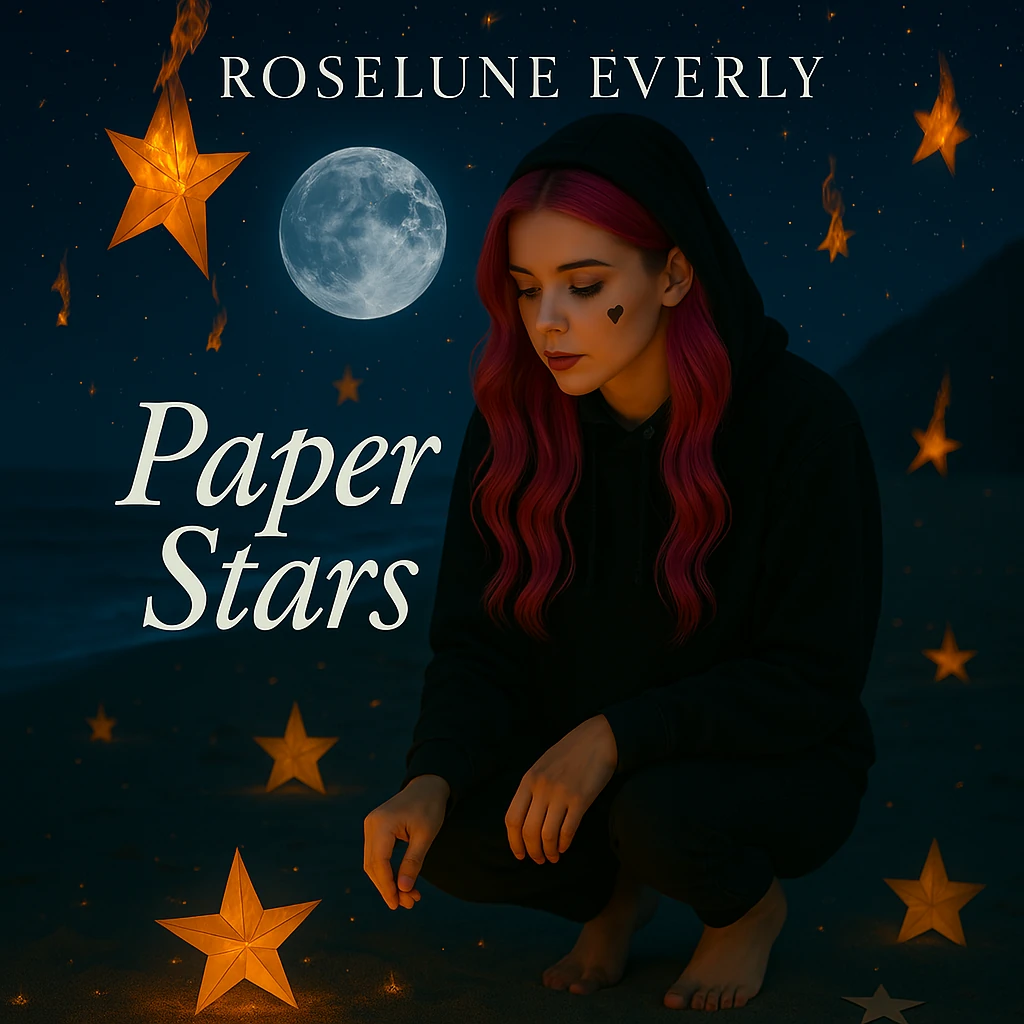 Roselune Everly surrounded by paper stars in Moonlight Whispers era artwork.