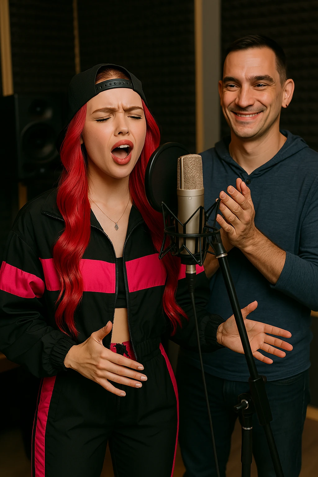 Roselune Everly recording in a studio during the Moonlight Whispers era.