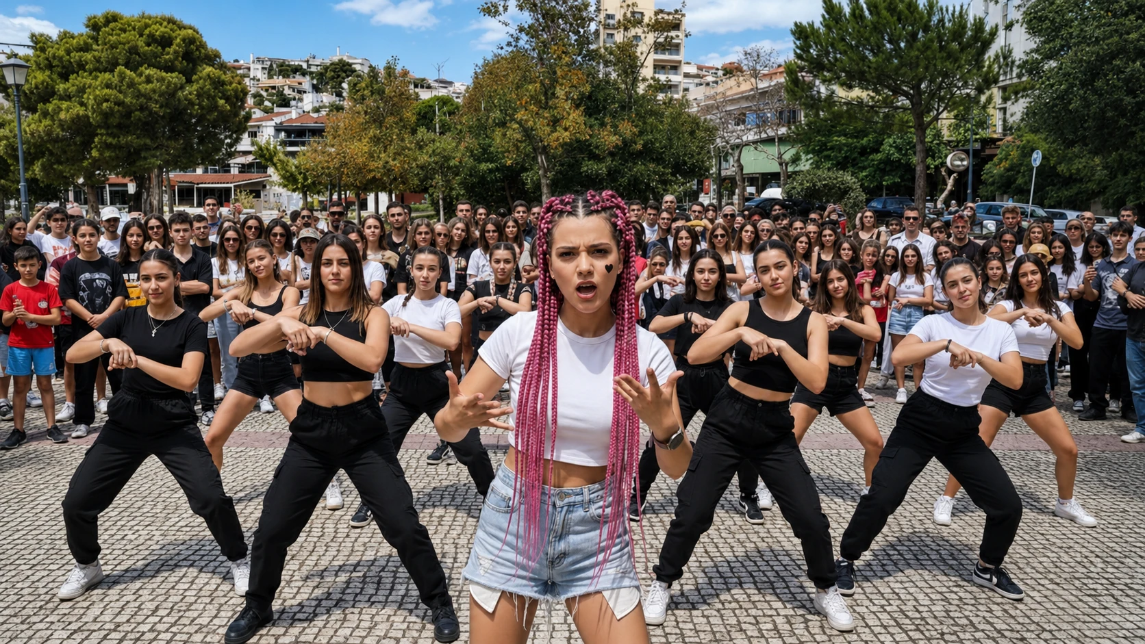 Roselune Everly leading an outdoor group performance during the I’m Next visual era.