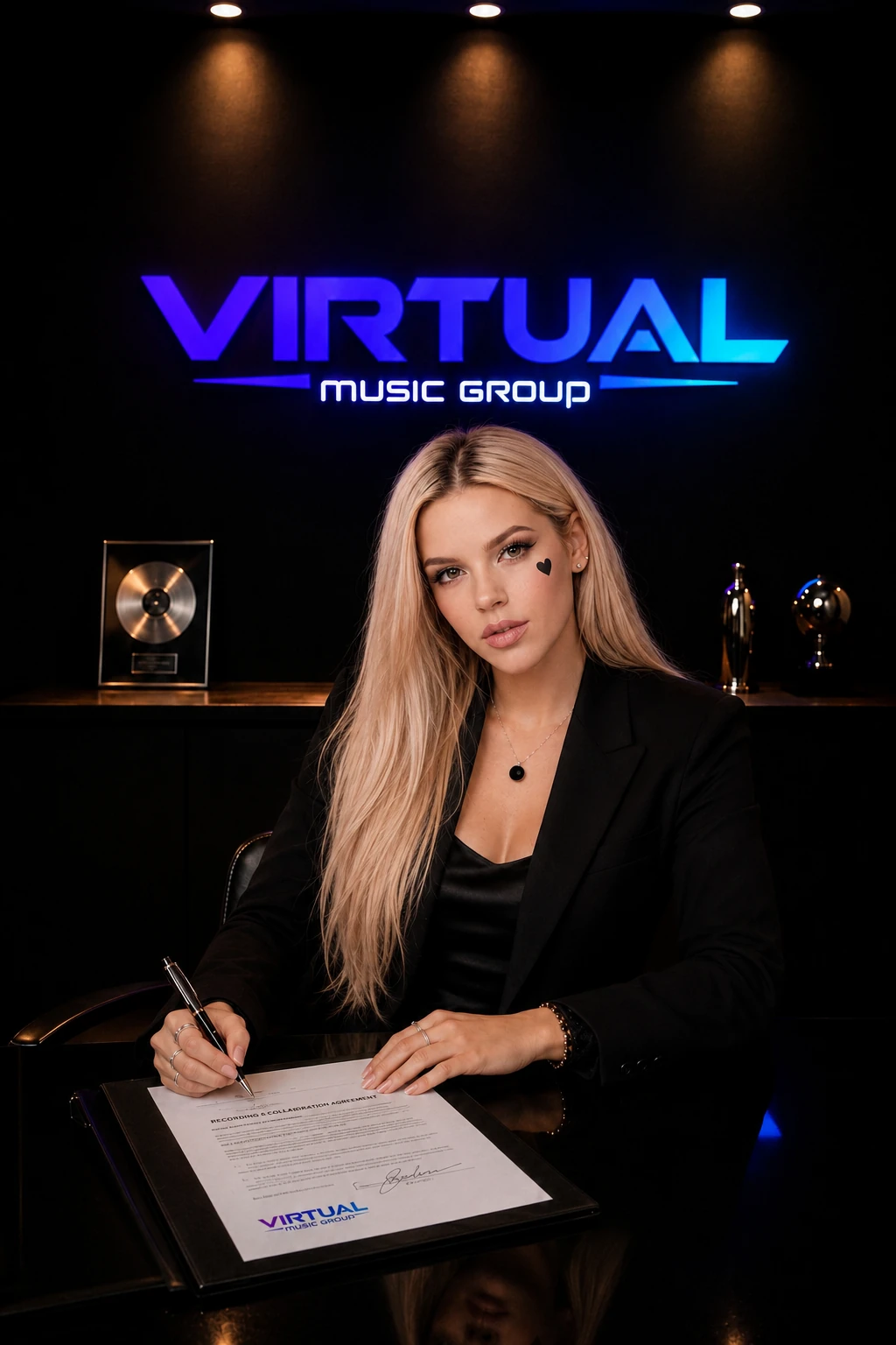 Roselune Everly signing the Virtual Music Group collaboration announcement.